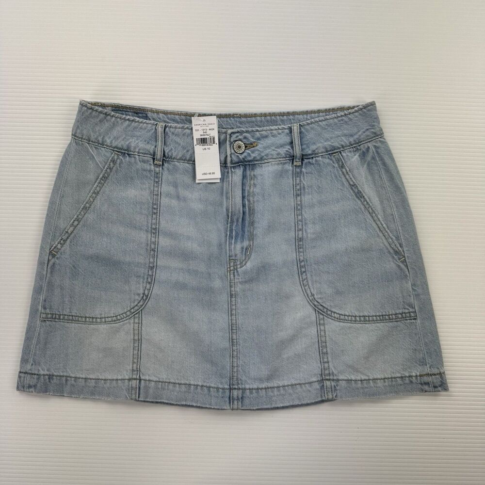 American Eagle Denim Mini Skirt Women’s 10 Light Wash Utility Pockets NWT - Picture 2 of 9
